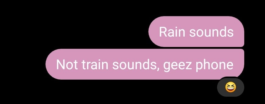 [Image description:
Two messages sent by Emma. The first says 'Rain sounds'. The second says 'Not train sounds, geez phone'. There is a laugh react against it. End description.]